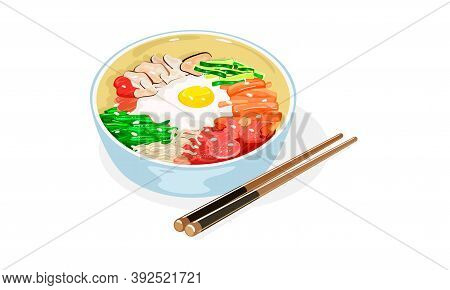 Bowl Of Bibimbap And Pair Of Chopsticks. White Rice Topped With Vegetables, Mushrooms, Greenery, Fri