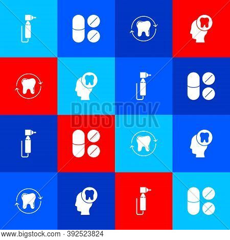 Set Tooth Drill, Painkiller Tablet, Whitening And Human Head With Tooth Icon. Vector