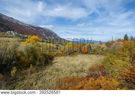 Mountain Autumn View Of Village Of Roccacaramanico In Abruzzo, Italy