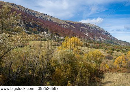 Mountain Autumn View Of Village Of Roccacaramanico In Abruzzo, Italy