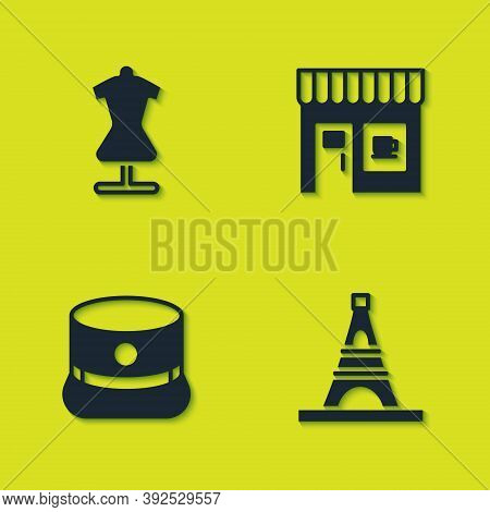 Set Mannequin, Eiffel Tower, Kepi And Coffee Shop Icon. Vector