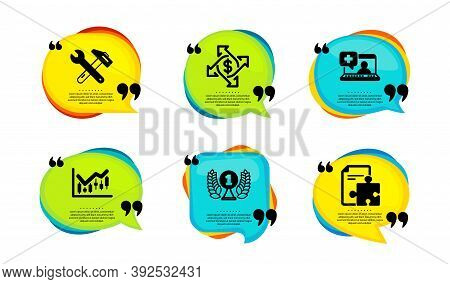 Financial Diagram, Spanner Tool And Payment Exchange Icons Simple Set. Speech Bubble With Quotes. La