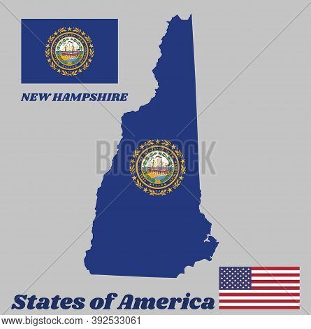 Map Outline And Flag Of New Hampshire. The State Seal Of New Hampshire On A Blue Field Surrounded By