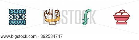 Set Ukrainian Ethnic Pattern, Monument To Founders Of Kiev, Medieval Sword And Varenyky Bowl Icon. V