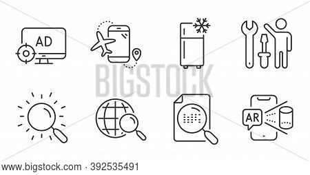 Repairman, Search And Augmented Reality Line Icons Set. Web Search, Flights Application And Refriger