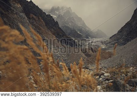 Autumn In Caucasus Mountains, Chalaadi Glacier, Mestia, Svaneti Region In Georgia, Caucasus.