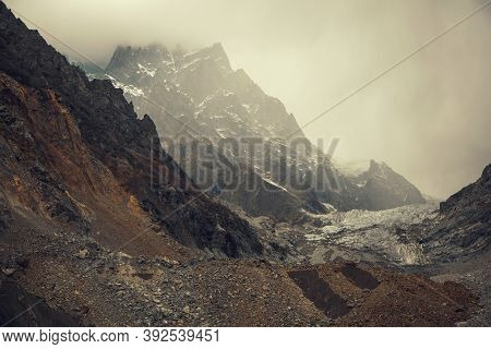 Autumn In Caucasus Mountains, Chalaadi Glacier, Mestia, Svaneti Region In Georgia, Caucasus.