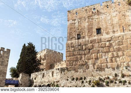 Jerusalem, Israel, October 24, 2020 : Tower And Outer Walls Of The City Of David Near Jaffa Gate In 