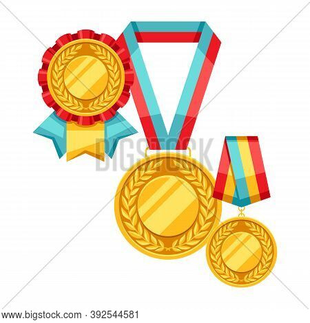 Gold Medals With Multi Colored Ribbon. Illustration Of Award For Sports Or Corporate Competitions.