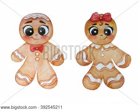 Christmas Characters. Cute Couple Gingery Of Gingerbread Men - Boy And Girl. Watercolor. Isolated On