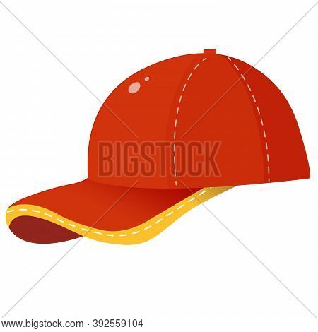 Color Image Of Red Children's Baseball Cap. Summer Headdress. Male Clothing. Vector Illustration For