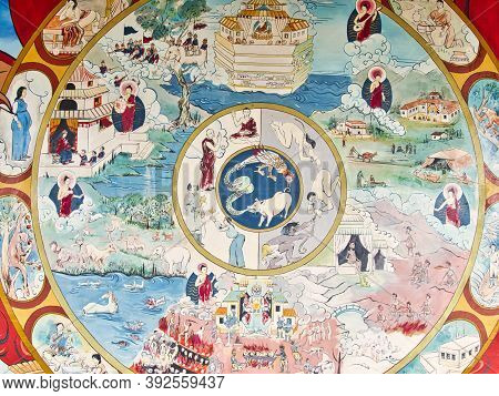 La Boulaye, France - April Circa, 2018. Very Colored Mural Painting Of Buddhist Story On Temple Wall