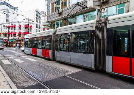 Istanbul, Turkey, Tram On Hudavendigar Caddesi Road On October 30 2019 In Istanbul, Turkey