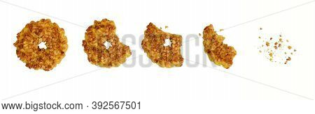 On A White Background The Process Of Eating Shortbread Cookies. A Whole Cookie, A Piece And Crumbs.