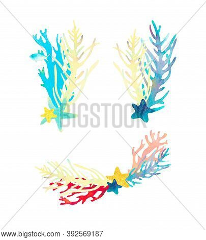 Hand Drawn Coral Reef Decorative Coral Set. Beautiful Watercolor Bright Red, Blue, Pink Corals, Yell