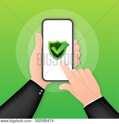 Data Protection On Smartphone, Privacy, And Internet Security. Vector Stock Illustration.