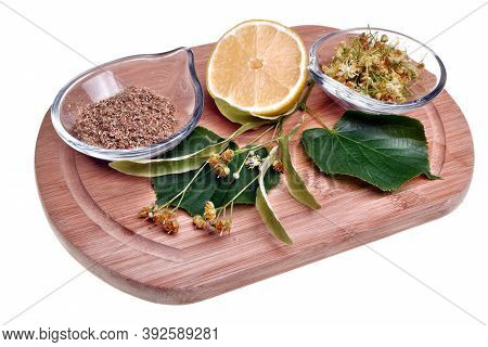 Fresh Healthy Nettle Plant, Lemon And Dried Herbs Isolated On A White Background Good For Coronaviru