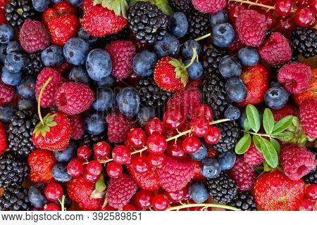 Pile Of Freshh Berries, Top View Food Background