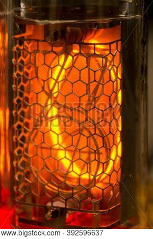 0, Nixie Tube Showing Zero Red, Macro Shot