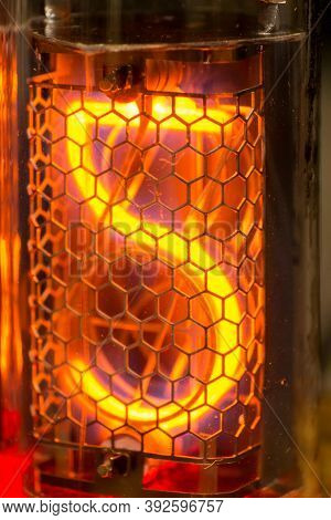 5, Nixie Tube Showing Five Red, Macro Shot