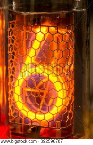 6, Nixie Tube Showing Six Red, Macro Shot