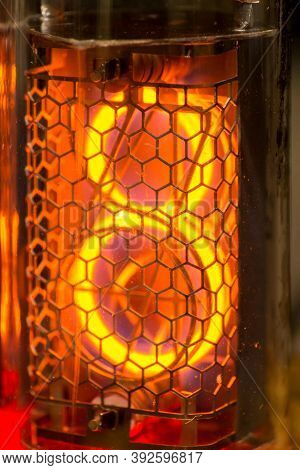 8, Nixie Tube Showing Eight Red, Macro Shot