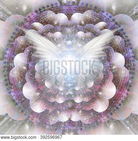 Shining wings and mans aura in a center of Indian mandala. Multi-layered spaces representing endless dimensions. 3D rendering