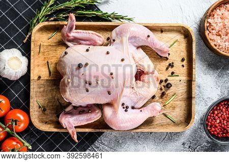 Concept Of Cooking Whole Poult. Ingredients Rosemary, Pink Salt, Garlic And Cherry Tomatoes. Gray Ba