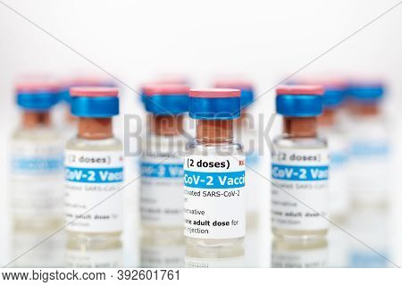 Bottles Of New Sars-cov-2 Vaccine On Table Ready For Application