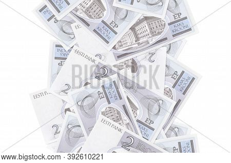 2 Estonian Kroon Bills Flying Down Isolated On White. Many Banknotes Falling With White Copyspace On