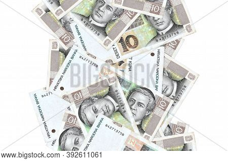 10 Croatian Kuna Bills Flying Down Isolated On White. Many Banknotes Falling With White Copyspace On