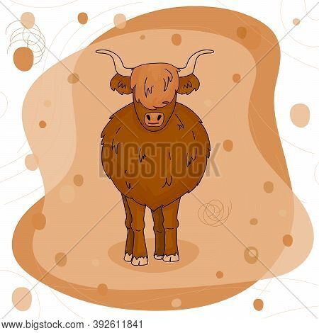 Cute Cartoon Bull High Land Cow Is Standing On The Ground On Pink And Brown Background