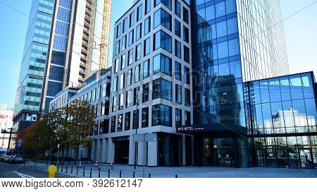Warsaw, Poland. 1 November 2020. Varso Place Office Building. Facade Texture Of A Glass Mirrored Off