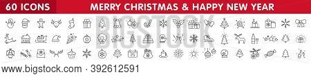 Set Of 60 Christmas Icons. Merry Christmas And Happy New Year. Collection Xmas Icons. Winter, Santa,