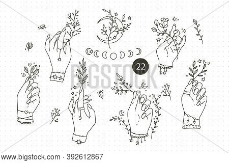 Collection Hand Drawn Hand Set. Magic Woman Outline Symbols, Boho Vector Illustrations. Can Use Tatt