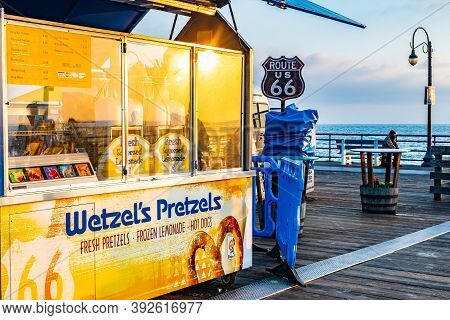 Santa Monica, California - October 09 2019: Wetzel's Pretzels Food Truck/ Vendor Cart/ Small Busines