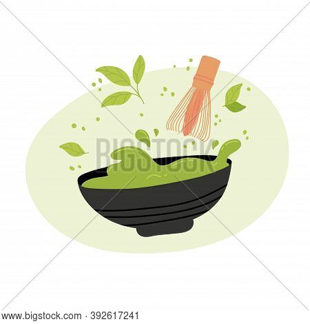 Matcha Green Tea . Traditional Cup With Matcha Tea And A Whisk. Hand Drawing Of Matcha Green Tea Pre
