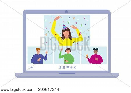 Online Birthday Home Party Concept. People On Laptop Screen Celebrating, Communicating, Dancing, Dri