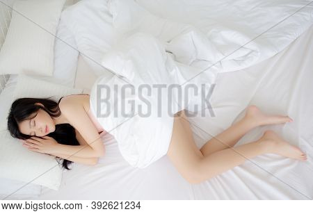 Beautiful Asian Young Woman In Underwear Sleep Lying On Bed With Comfort And Happy Leisure At Bedroo