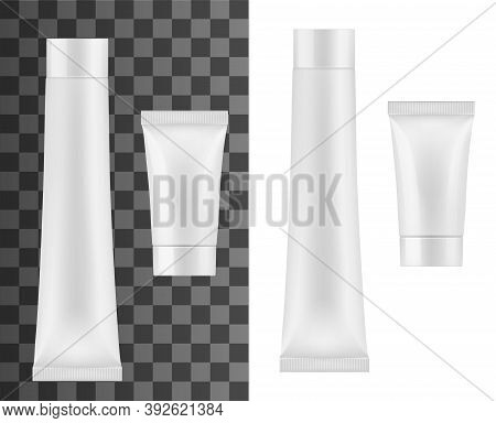 Tube For Cream, Cosmetics Or Toothpaste Isolated Vector Mockup. White Plastic Container With Screw C