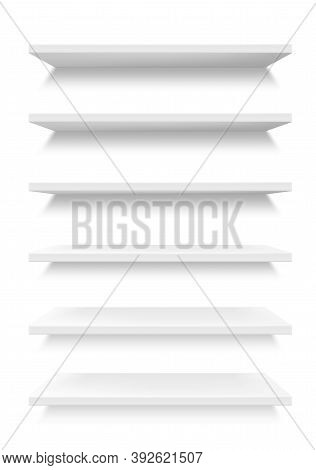 White Shop Product Shelves. Vector Blank Empty Store Showcase Display, Metal Or Plastic Supermarket 