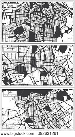 Cheongju, Jeju and Daegu South Korea City Maps Set in Black and White Color in Retro Style. Outline Maps.