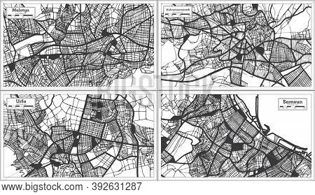 Urfa, Kahramanmarash, Samsun and Malatya Turkey City Maps Set in Black and White Color in Retro Style. Outline Maps.