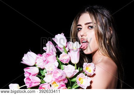 Sensual Girl With Tongue Tulips. Blowjob Kiss, Sensual Tongue Licks A Tulip Flower. Sexy Female Mout