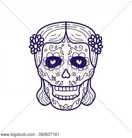 Woman Head Skull Vector Illustration. Dia De Los Muertos