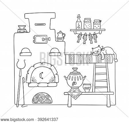 Traditional Old Russian Stove With Bench, Samovar, Grip, Pots, Jug And Sleep Cat. Vector Hand Drawn 