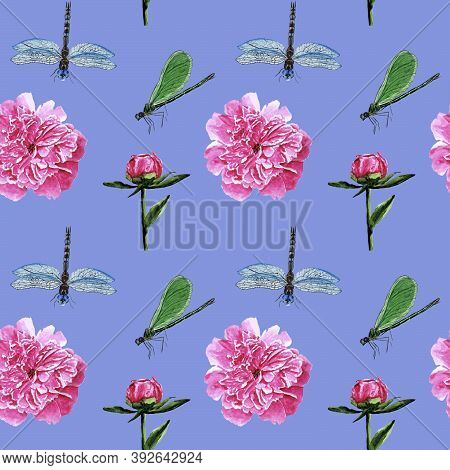 Pattern Of Blue Dragonflies And Green Dragonflies With Peonies On A Blue Background In Watercolor