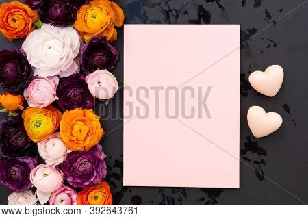 Red Buds Of Valentines Day Festive Flowers With Hearts On Minimal Black Background