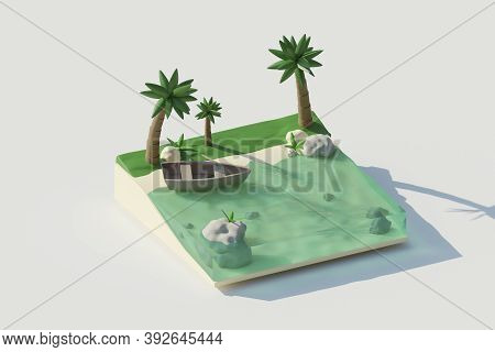 Internet, Travel And Vacation Background. 3d Illustration With A Cut Sea And A Beautiful Island. Chi