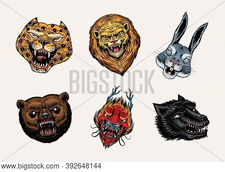 Fashion Patches. Tattoo Artwork. Bear Dragon Lion Dagger Hare. Hand Drawn Engraved In Old Vintage Sk